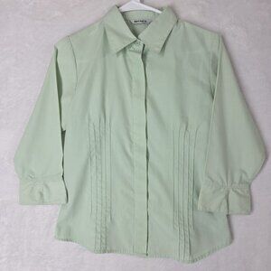 Vintage DRYDOCK Womens Button Front Blouse Size Small 3/4 Sleeve Pin Tuck Green